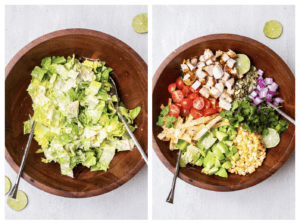 A bowl with romaine tossed with a creamy dressing, and another with the lettuce topped with colorful additions and chicken.